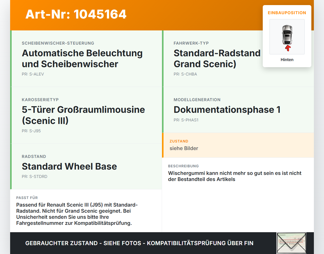 Renault Scenic III JZ 09-12 Heckwischer Scheibenwischer Hinten Wischarm Renault Scenic III JZ 09-12 30.08.2011 gebraucht Vorschau 3