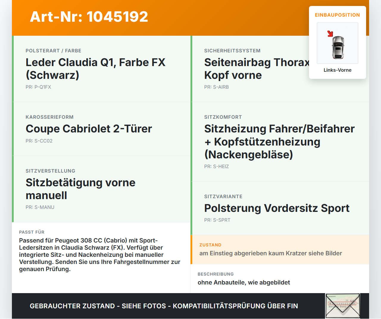 Peugeot 308 I CC 11-15 Cabrio Beheizt Sitz Fahrersitz Vorne Links beheizt Sport Schwarz Peugeot 308 I CC 11-15... Vorschau 3