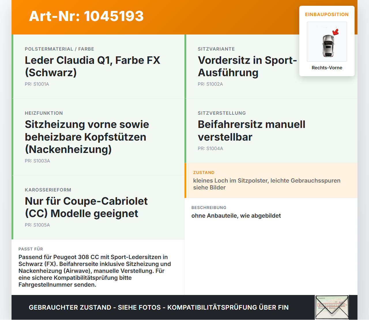 Peugeot 308 I CC 11-15 Cabrio Beheizt Sitz Beifahrersitz Vorne Rechts beheizt Sport Schwarz Peugeot 308 I CC 11-15... Vorschau 3