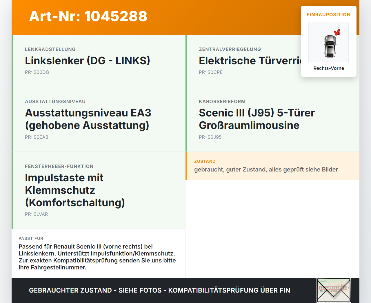 Renault Scenic III JZ 09-12 Fensterhebermotor Rechts Vorne Renault Scenic III JZ 09-12 30.08.2011 915943-200... Vorschau 3