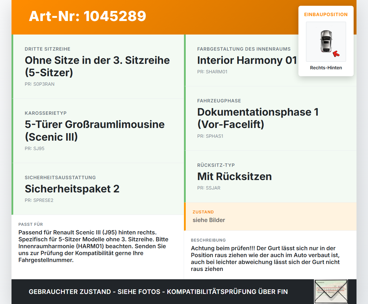 Renault Scenic III JZ 09-12 Gurt Sicherheitsgurt Rechts Hinten Renault Scenic III JZ 09-12 30.08.2011 888404764R... Vorschau 3