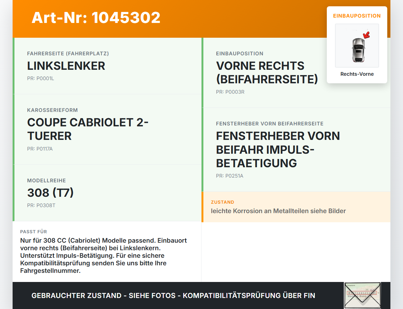 Peugeot 308 I CC 11-15 Cabrio Fensterhebermotor mit Fensterheber Rechts Vorne Peugeot 308 I CC 11-15 20.04.2012... Vorschau 3