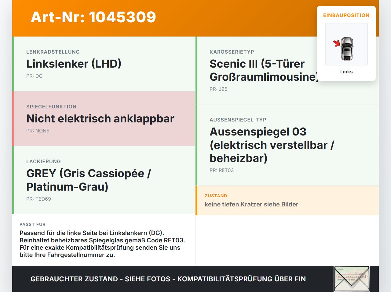Renault Scenic III JZ 09-12 Spiegel Aussenspiegel Links TED69 Renault Scenic III JZ 09-12 30.08.2011 gebraucht Vorschau 3
