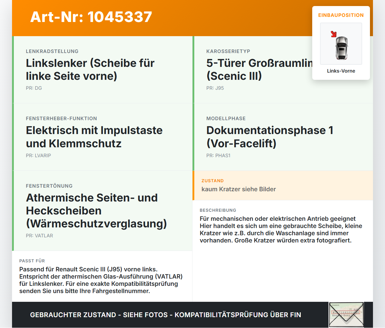 Renault Scenic III JZ 09-12 Seitenscheibe LVK Fenster Türscheibe Links Vorne Renault Scenic III JZ 09-12 30.08.2011... Vorschau 3