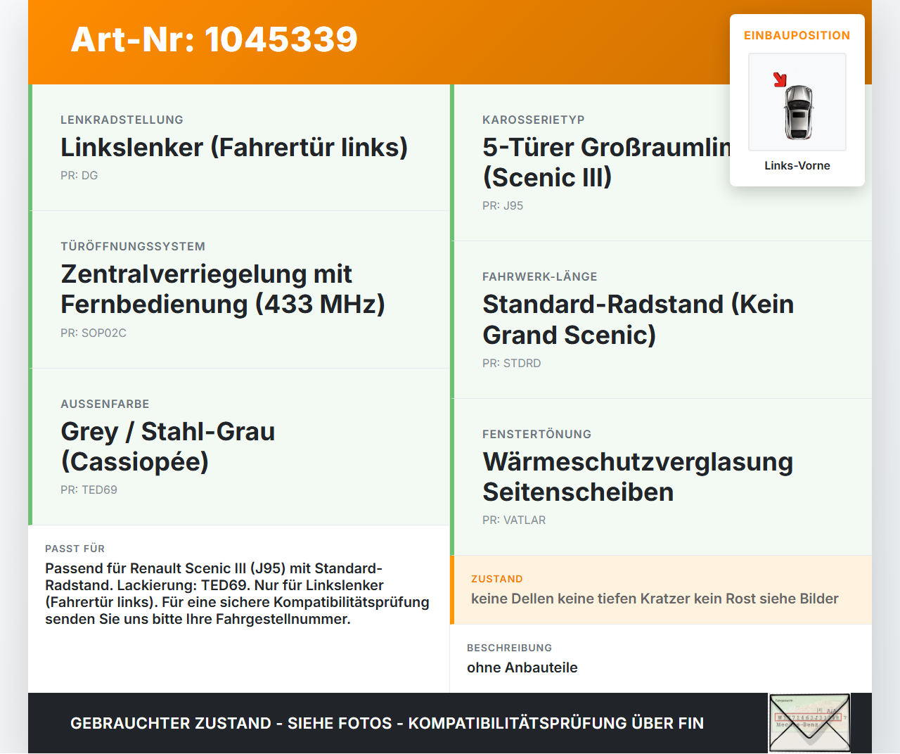 Renault Scenic III JZ 09-12 Tür Fahrertür Links Vorne TED69 Renault Scenic III JZ 09-12 30.08.2011 8200722328 gebraucht Vorschau 3