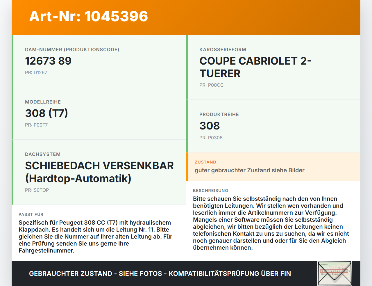 Peugeot 308 I CC 11-15 Cabrio Hydraulik Schlauch Leitung 11 für Verdeck Peugeot 308 I CC 11-15 20.04.2012 gebraucht Vorschau 3