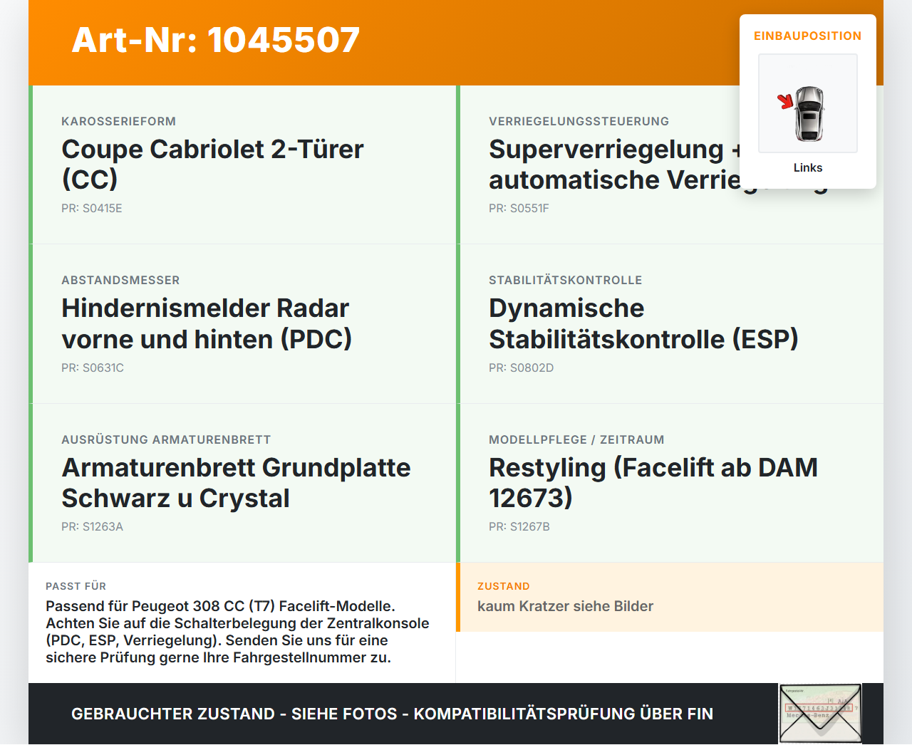 Peugeot 308 I CC 11-15 Warnblinkschalter Schalter Peugeot 308 I CC 11-15 20.04.2012 706380 gebraucht Vorschau 3