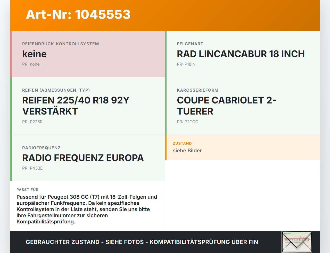 Peugeot 308 I CC 11-15 Reifendruck Sensor Radsensor Reifendrucksensor Set Satz Peugeot 308 I CC 11-15 20.04.2012... Vorschau 3