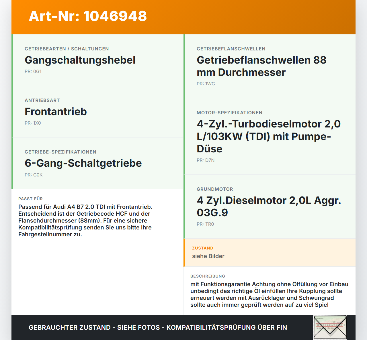 Audi A4 8E B7 04-08 TDI 2,0 103KW HCF Schaltgetriebe Getriebe HCF 6G Audi A4 8E B7 04-08 12.07.2006 01X300044J gebraucht Vorschau 3