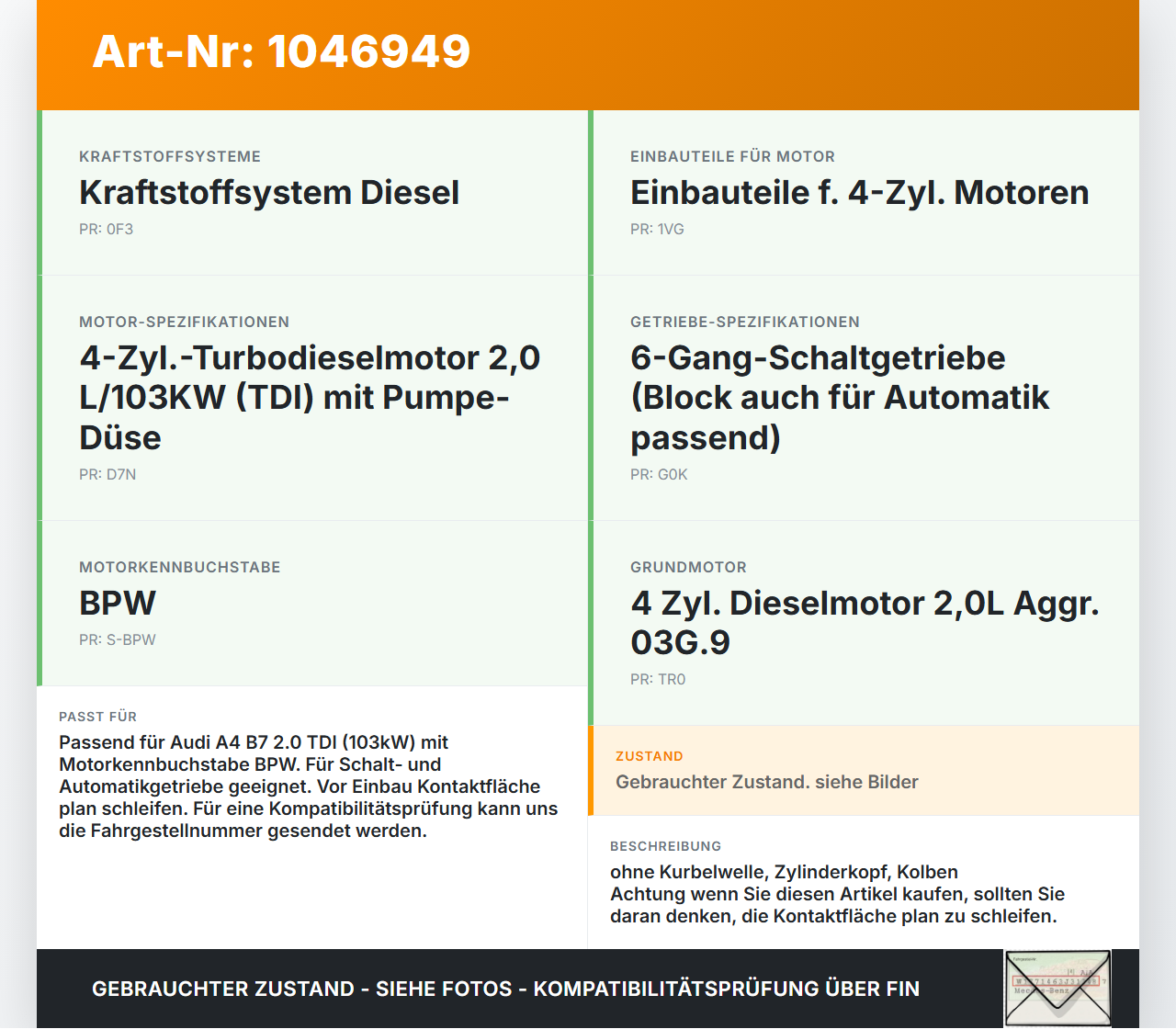 Audi A4 8E B7 04-08 TDI 2,0 103KW BPW Motorblock für Motor Audi A4 8E B7 04-08 12.07.2006 03G100103GX gebraucht Vorschau 3