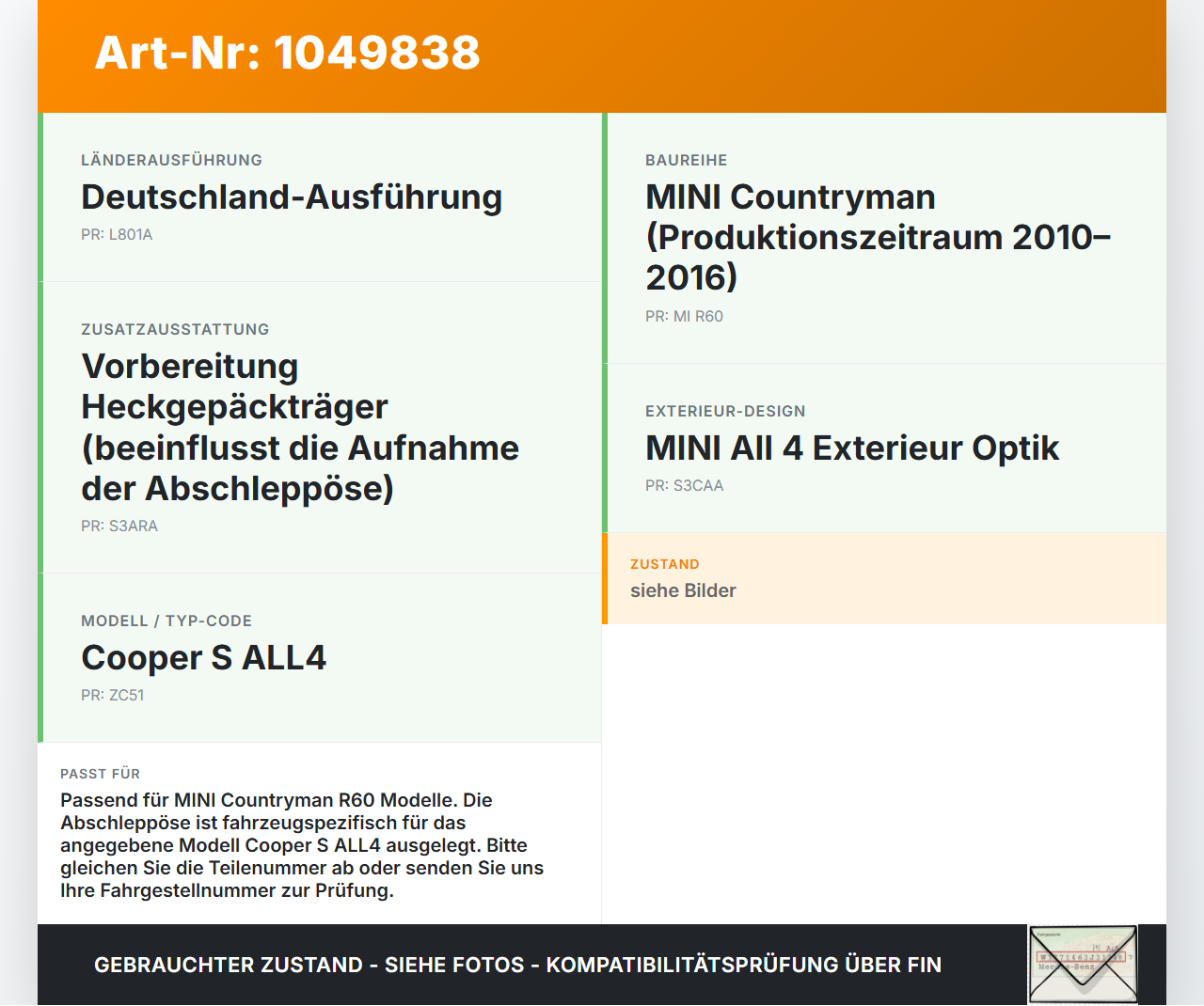MINI Cooper S All4 R60 14-16 Abschleppöse Abschlepphaken MINI Cooper S All4 R60 14-16 30.03.2015 72157953893 gebraucht Vorschau 3