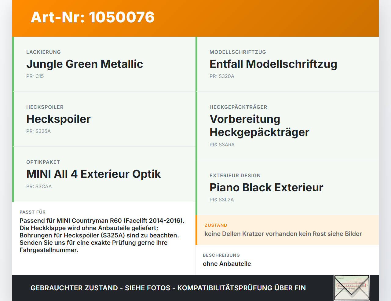 MINI Cooper S All4 R60 14-16 Heckklappe Kofferraumdeckel C15 MINI Cooper S All4 R60 14-16 30.03.2015 41009811574... Vorschau 3