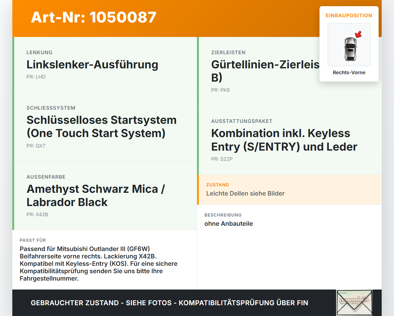 Mitsubishi Outlander III 15-18 Tür Beifahrertür Rechts Vorne X42B Mitsubishi Outlander III 15-18 25.10.2012... Vorschau 3