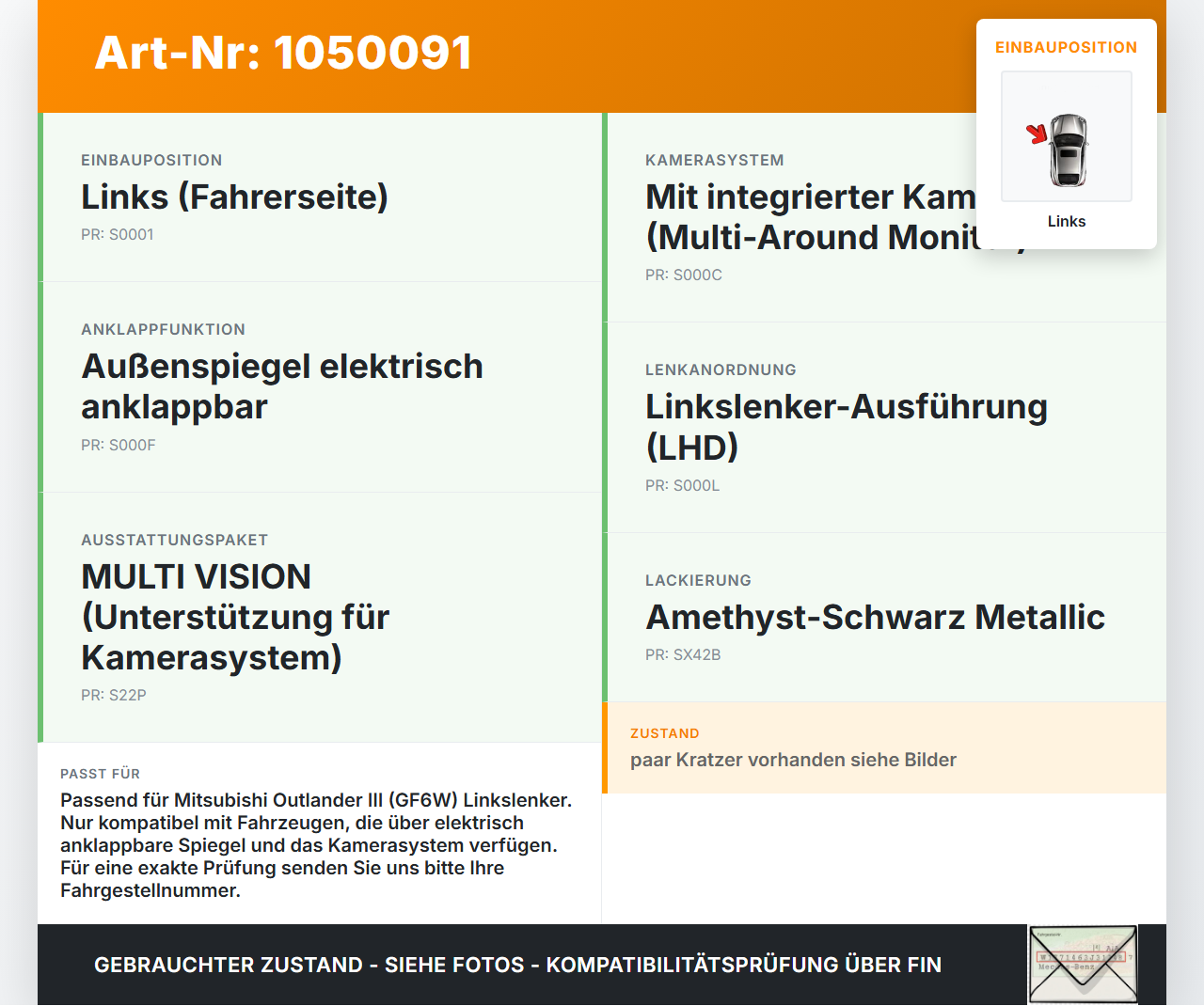 Mitsubishi Outlander III 15-18 Spiegel Aussenspiegel Links Kamera Elektr. Klappbar X42B Mitsubishi Outlander III... Vorschau 3
