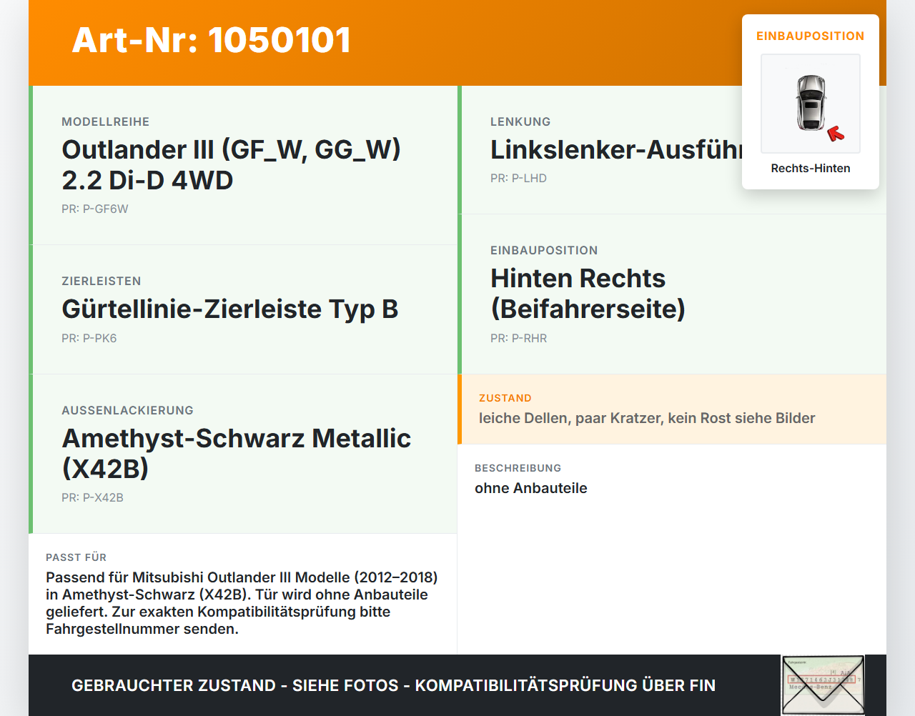 Mitsubishi Outlander III 15-18 Tür Rechts Hinten X42B Mitsubishi Outlander III 15-18 25.10.2012 5730B390 gebraucht Vorschau 3