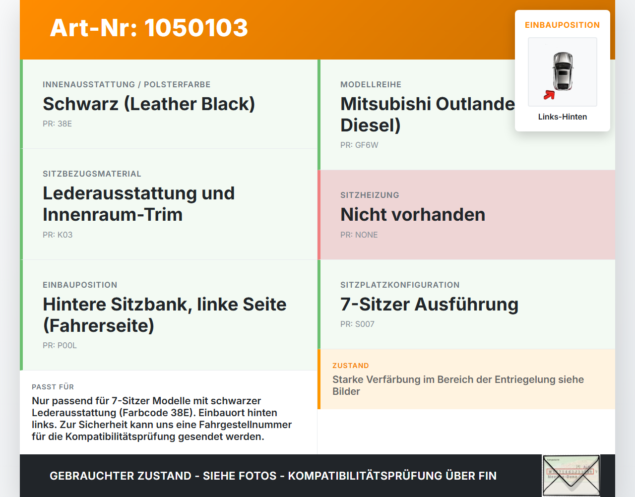 Mitsubishi Outlander III 15-18 Sitzbezug Sitzpolster Links für Rücksitzbank Hinten Mitsubishi Outlander III 15-18... Vorschau 3