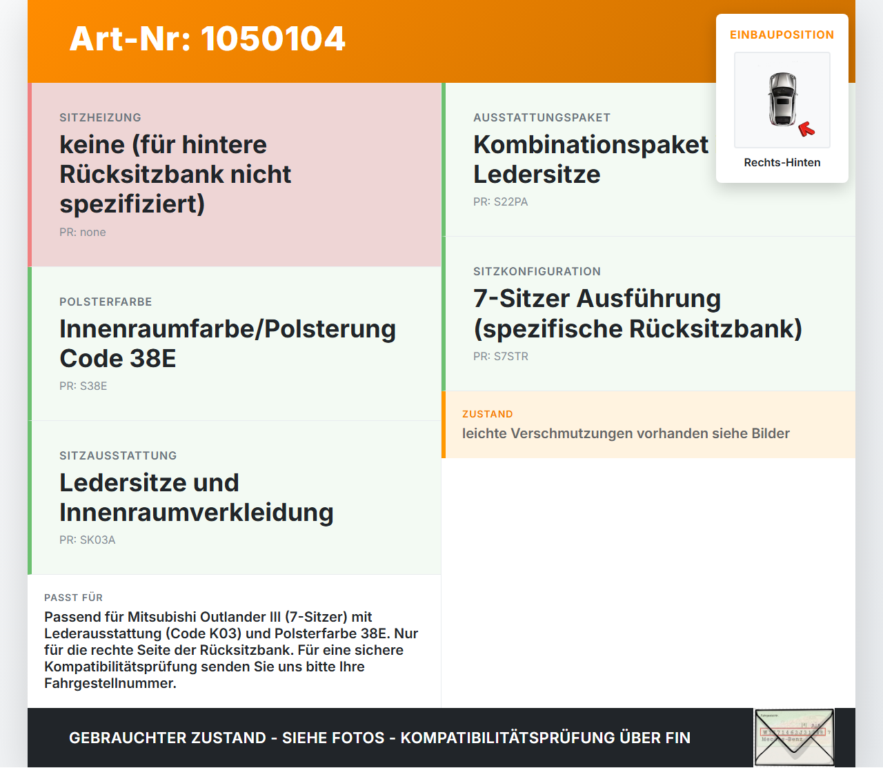 Mitsubishi Outlander III 15-18 Sitzbezug Sitzpolster Rechts für Rücksitzbank Hinten Mitsubishi Outlander III 15-18... Vorschau 3