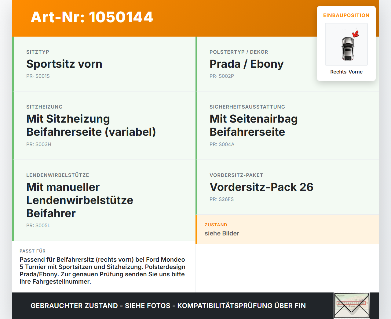 Ford Mondeo 5 V CF 14-19 Kombi Sitzbezug Rückenpolster Rechts Vorne für Beifahrer Sitz Ford Mondeo 5 V CF 14-19... Vorschau 3
