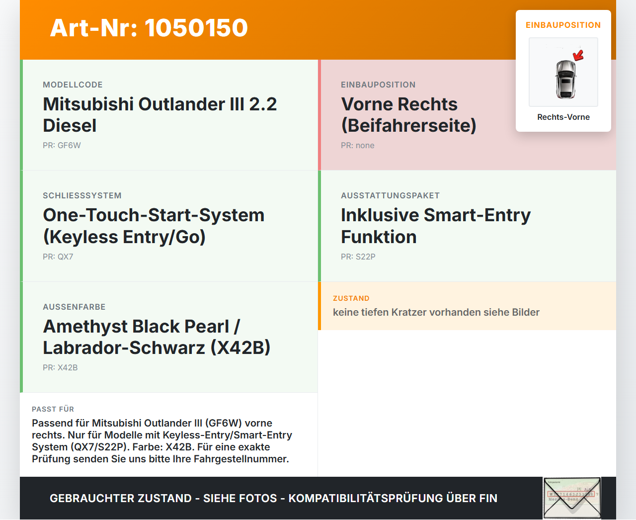 Mitsubishi Outlander III 15-18 Türgriff Griff außen schwarz Rechts Vorne X42B Mitsubishi Outlander III 15-18... Vorschau 3