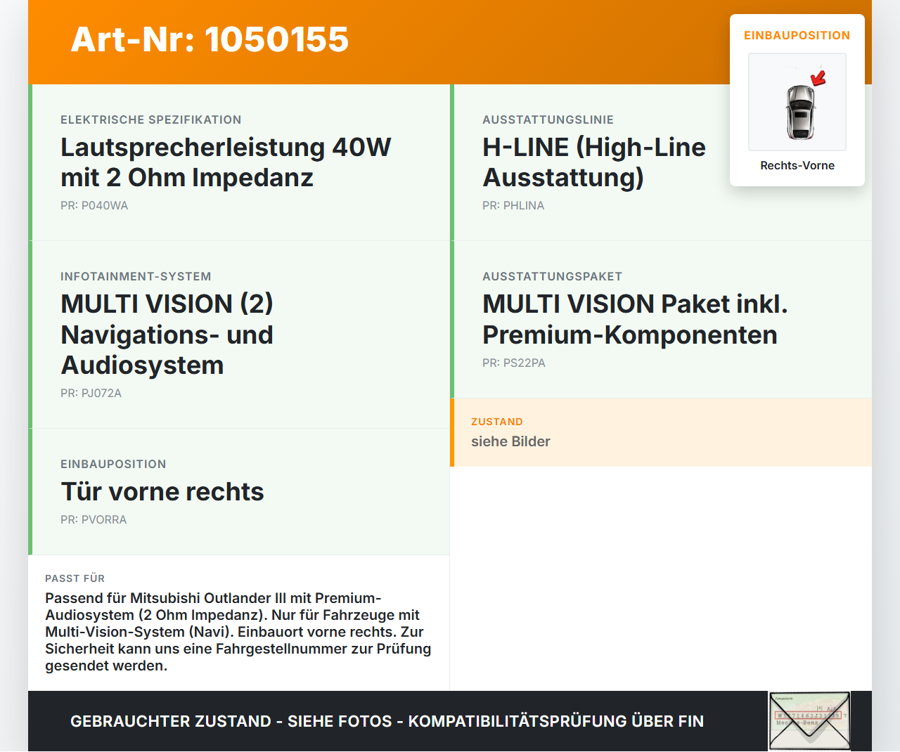 Mitsubishi Outlander III 15-18 Lautsprecher Tür 40W 2 Ohm Rechts Vorne Mitsubishi Outlander III 15-18 25.10.2012... Vorschau 3