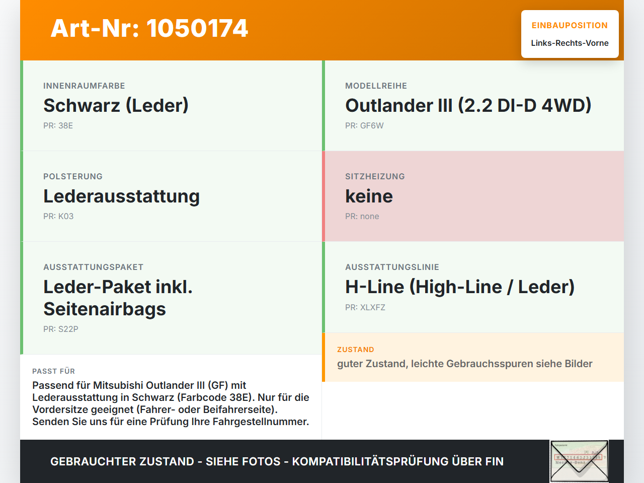 Mitsubishi Outlander III 15-18 Kopfstütze für Fahrer Sitz Rechts oder Links Vorne Mitsubishi Outlander III 15-18... Vorschau 3