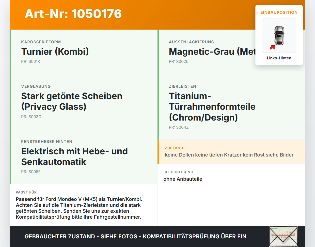 Ford Mondeo 5 V CF 14-19 Kombi Tür Links Hinten ND Ford Mondeo 5 V CF 14-19 09.12.2015 DS73-N24631-AAH gebraucht Vorschau 3