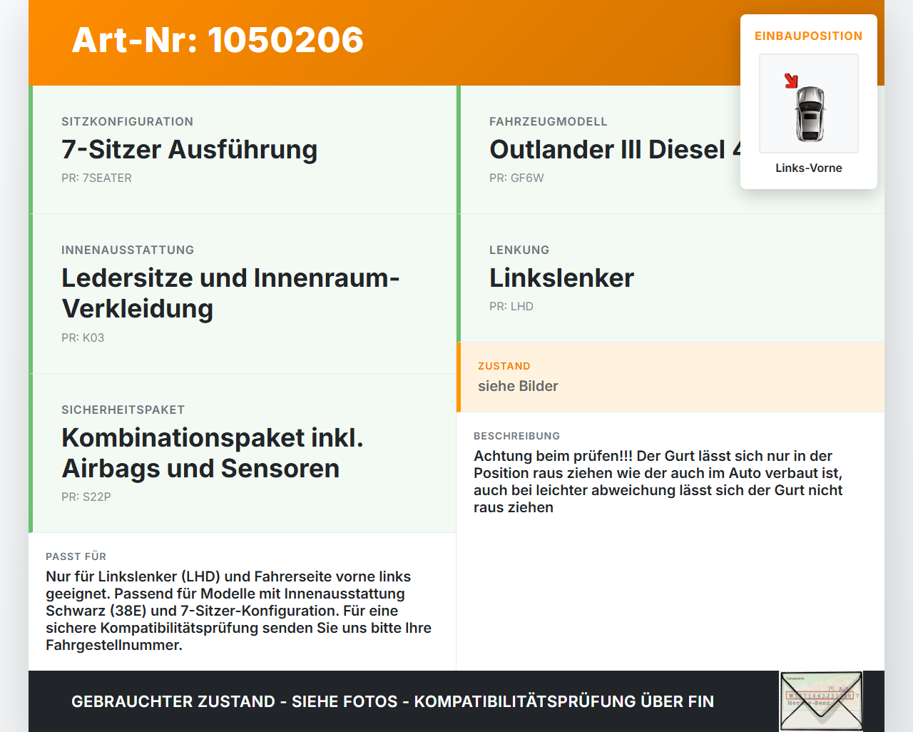 Mitsubishi Outlander III 15-18 Gurt Sicherheitsgurt m. Gurtstraffer Fahrer Links Vorne Mitsubishi Outlander III... Vorschau 3