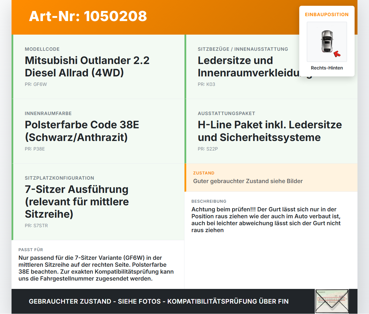 Mitsubishi Outlander III 15-18 Gurt Sicherheitsgurt Rechts Hinten mittlere Reihe Mitsubishi Outlander III 15-18... Vorschau 3