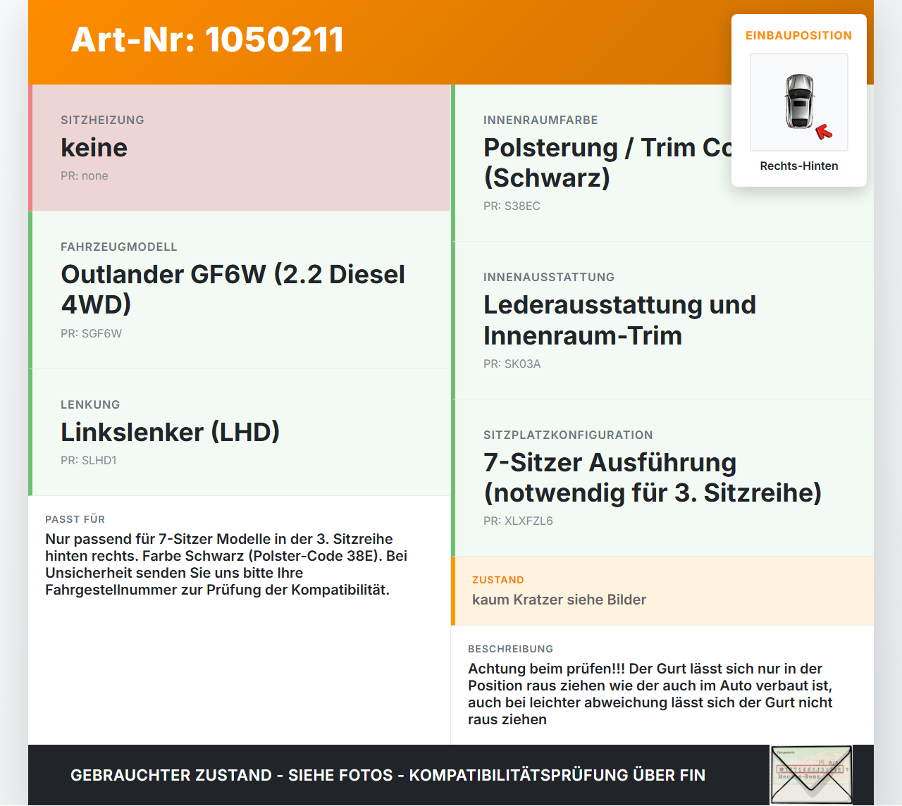 Mitsubishi Outlander III 15-18 Gurt Sicherheitsgurt Rechts Hinten 3.Reihe Mitsubishi Outlander III 15-18 25.10.2012... Vorschau 3