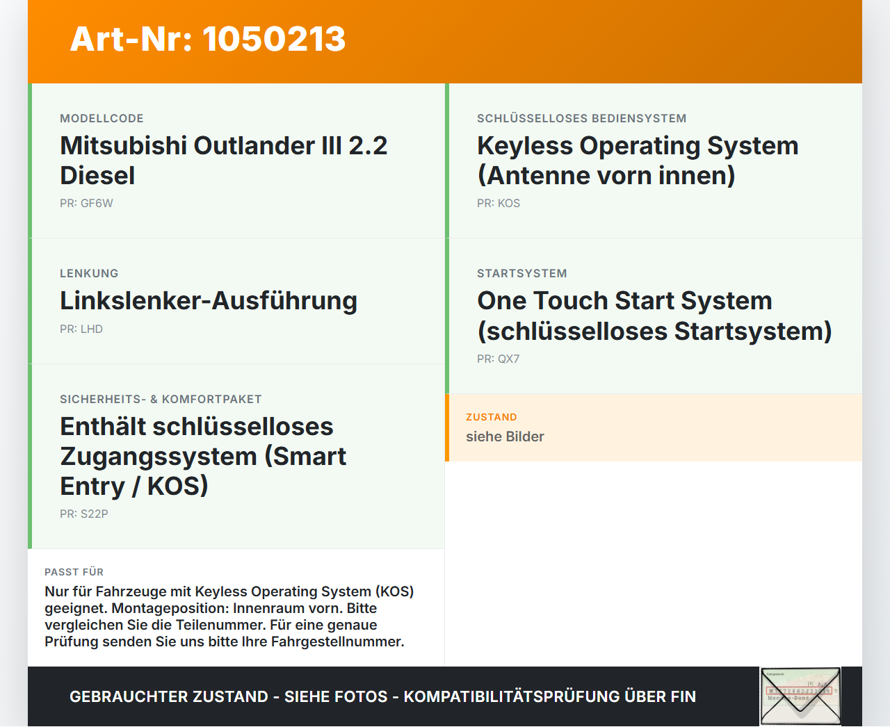 Mitsubishi Outlander III 15-18 2,2d 110KW Antenne Keyless Entry KOS Sensor Mitsubishi Outlander III 15-18... Vorschau 3