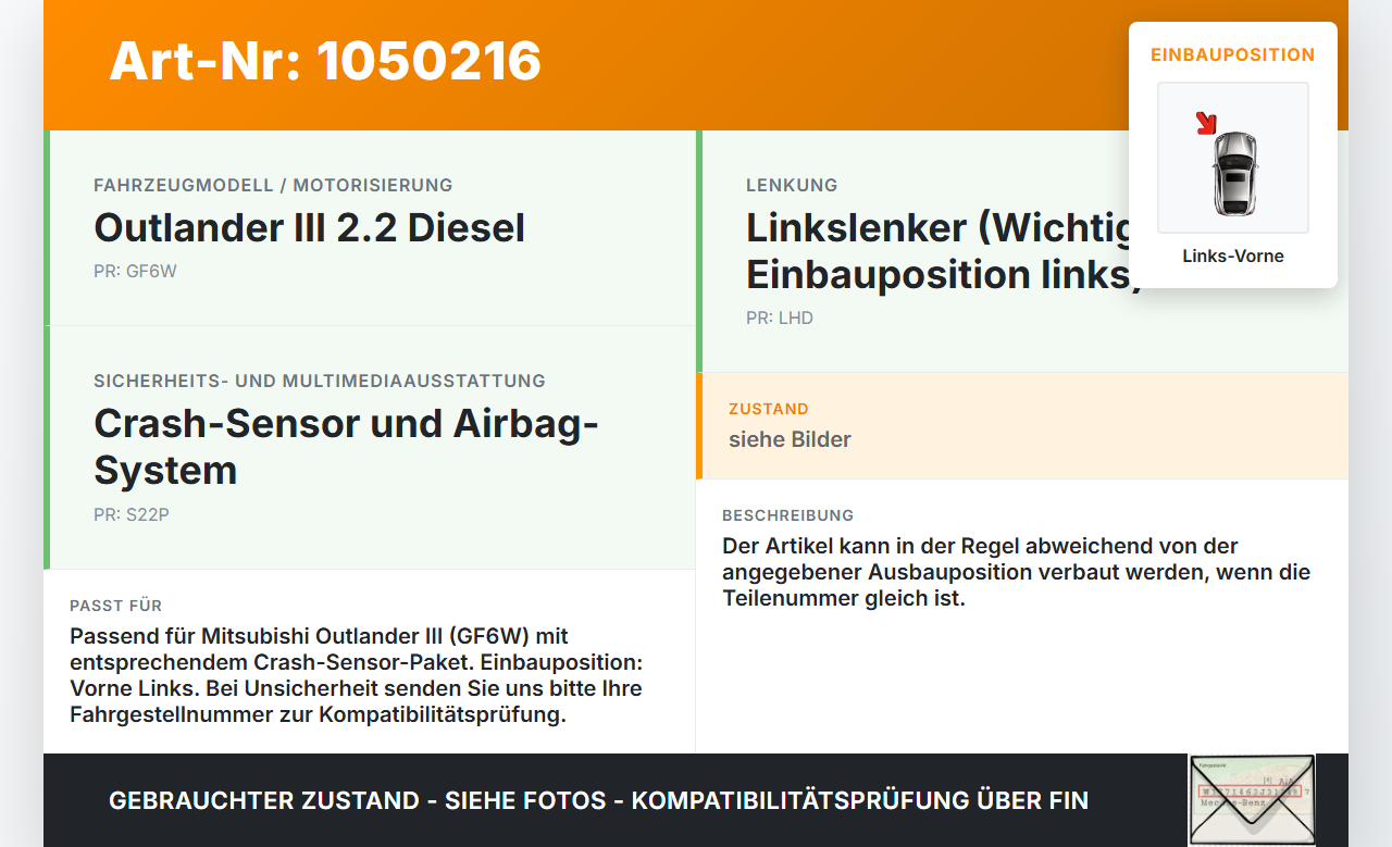 Mitsubishi Outlander III 15-18 Sensor für Airbag Crashsensor Airbagsensor Links Vorne Mitsubishi Outlander III... Vorschau 3