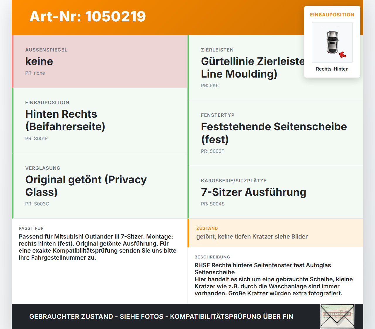 Mitsubishi Outlander III 15-18 Seitenscheibe Feste Scheibe Rechts Hinten Orig. getönt Mitsubishi Outlander III... Vorschau 3