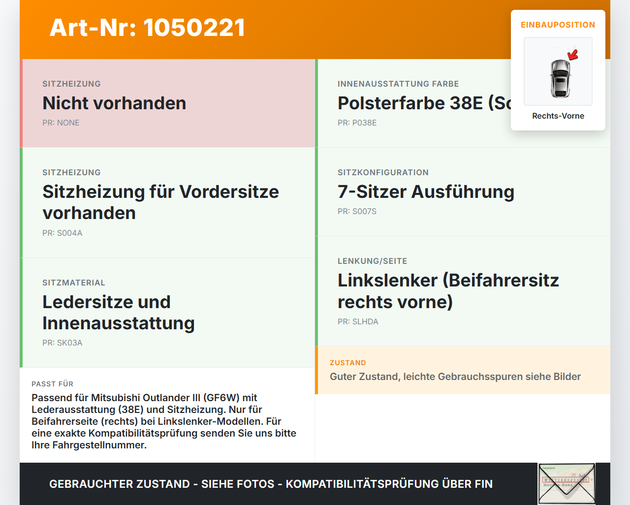 Mitsubishi Outlander III 15-18 Sitzbezug Sitzpolster für Beifahrersitz Rechts Vorne beheizt Mitsubishi Outlander... Vorschau 3