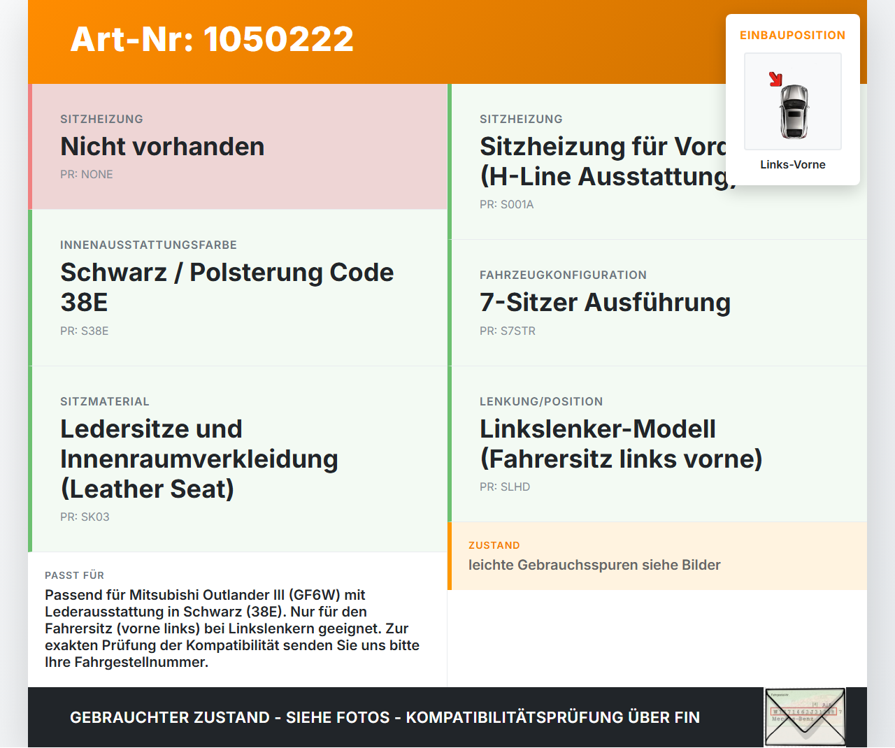 Mitsubishi Outlander III 15-18 Sitzbezug Rückenpolster Links Vorne für Fahrer Sitz Mitsubishi Outlander III 15-18... Vorschau 3