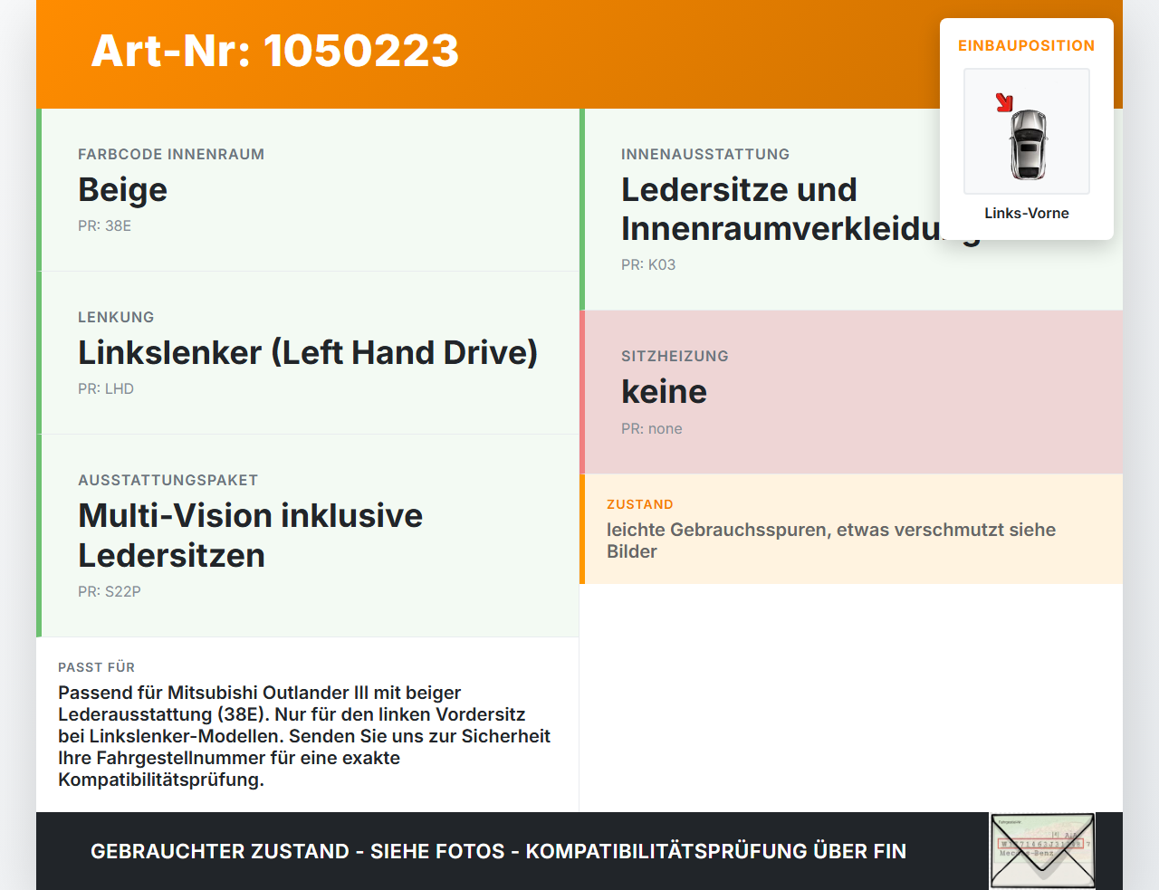 Mitsubishi Outlander III 15-18 Sitzbezug Sitzpolster Leder Beige Links Vorne Mitsubishi Outlander III 15-18... Vorschau 3