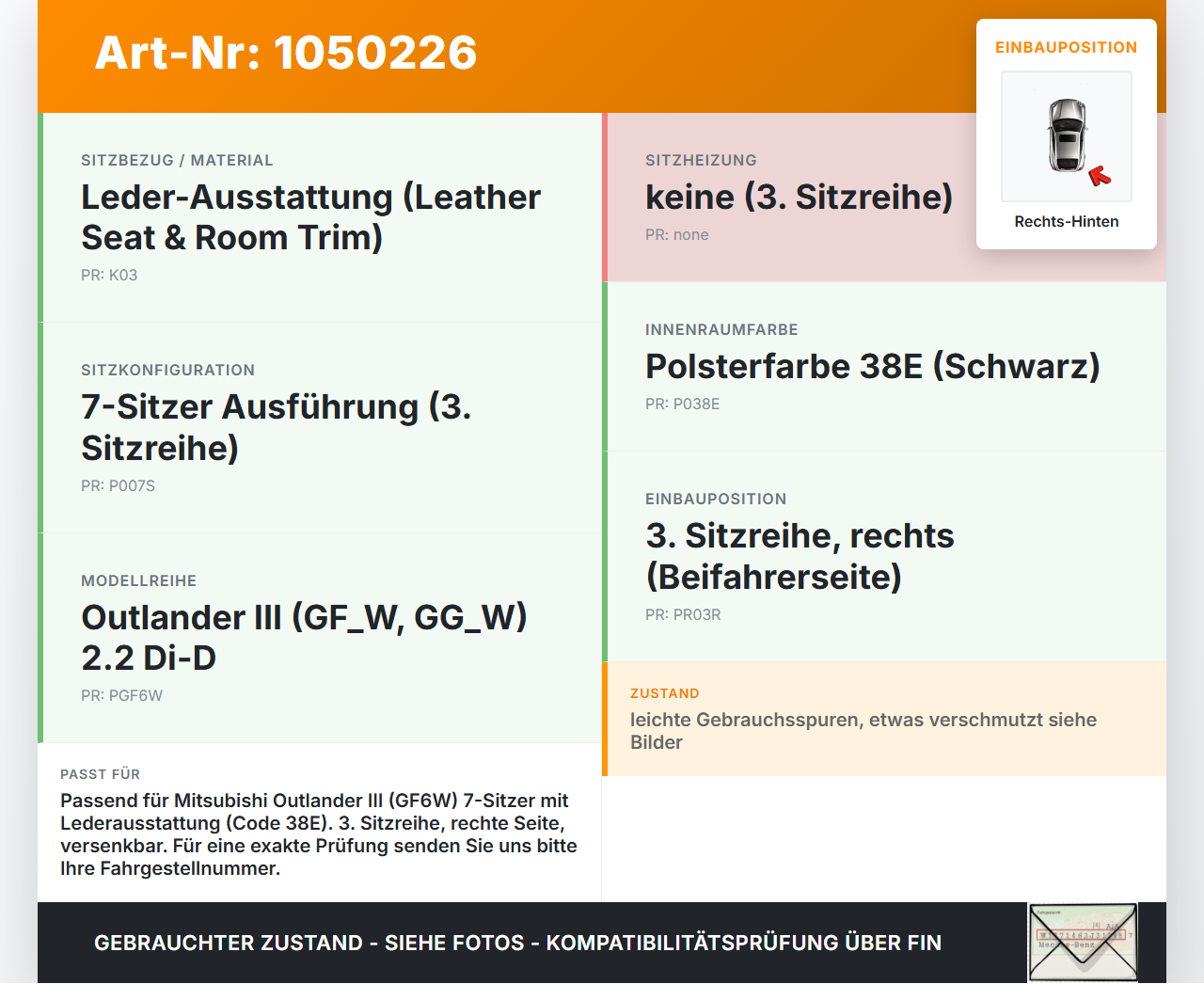 Mitsubishi Outlander III 15-18 Sitz Rechts Hinten für 3te Reihe versenkbar Mitsubishi Outlander III 15-18... Vorschau 3