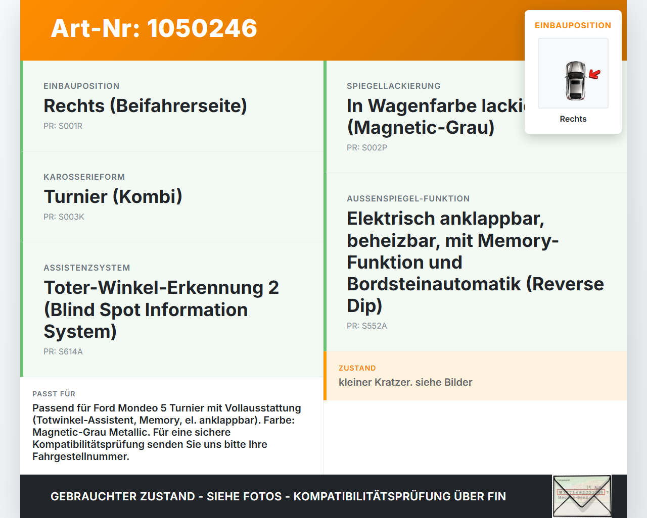 Ford Mondeo 5 V CF 14-19 Spiegel Aussenspiegel Rechts Totwinkelassistent ND Ford Mondeo 5 V CF 14-19 09.12.2015... Vorschau 3