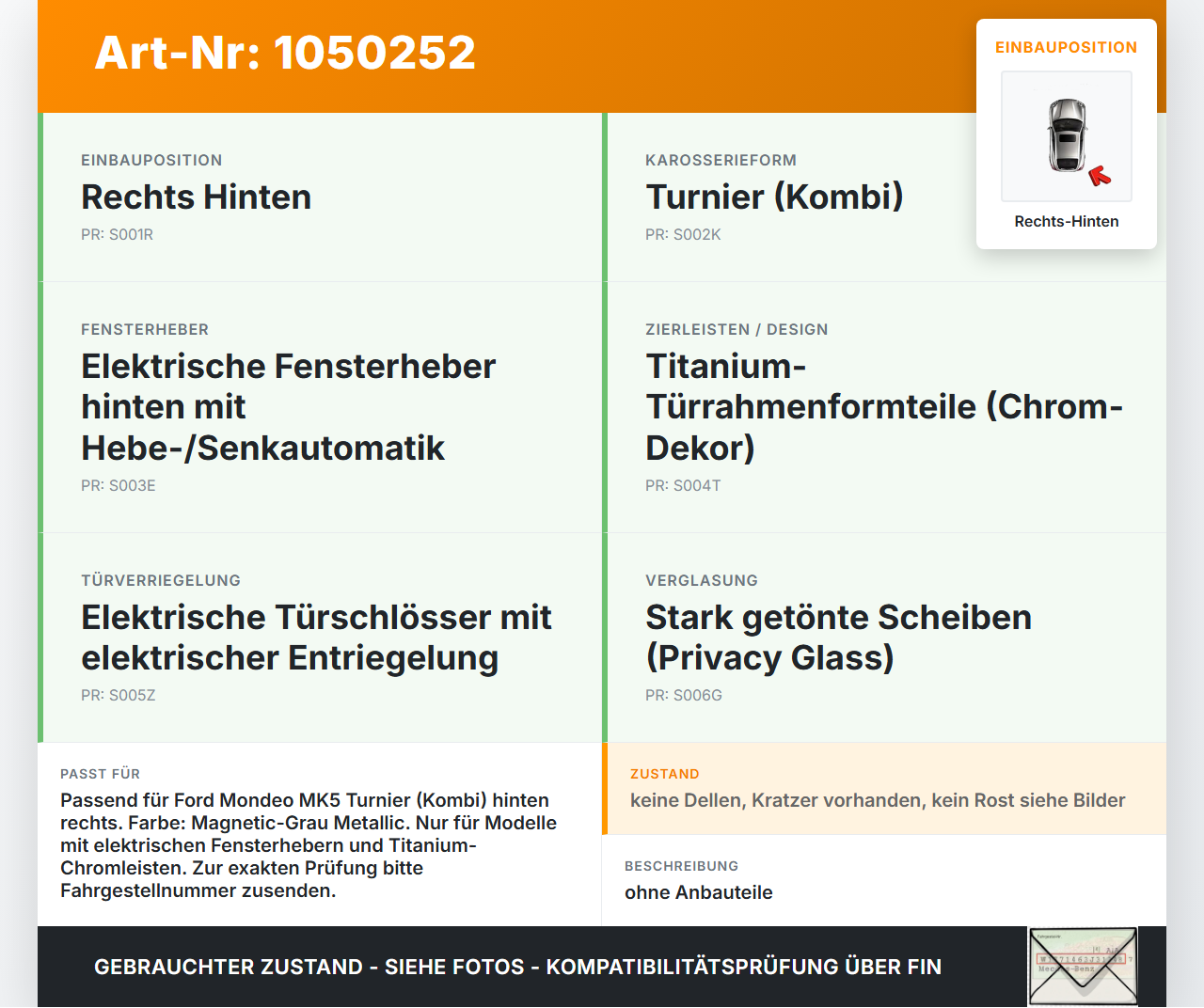Ford Mondeo 5 V CF 14-19 Kombi Tür Rechts Hinten ND Ford Mondeo 5 V CF 14-19 09.12.2015 DS73-N24630-AAH gebraucht Vorschau 3