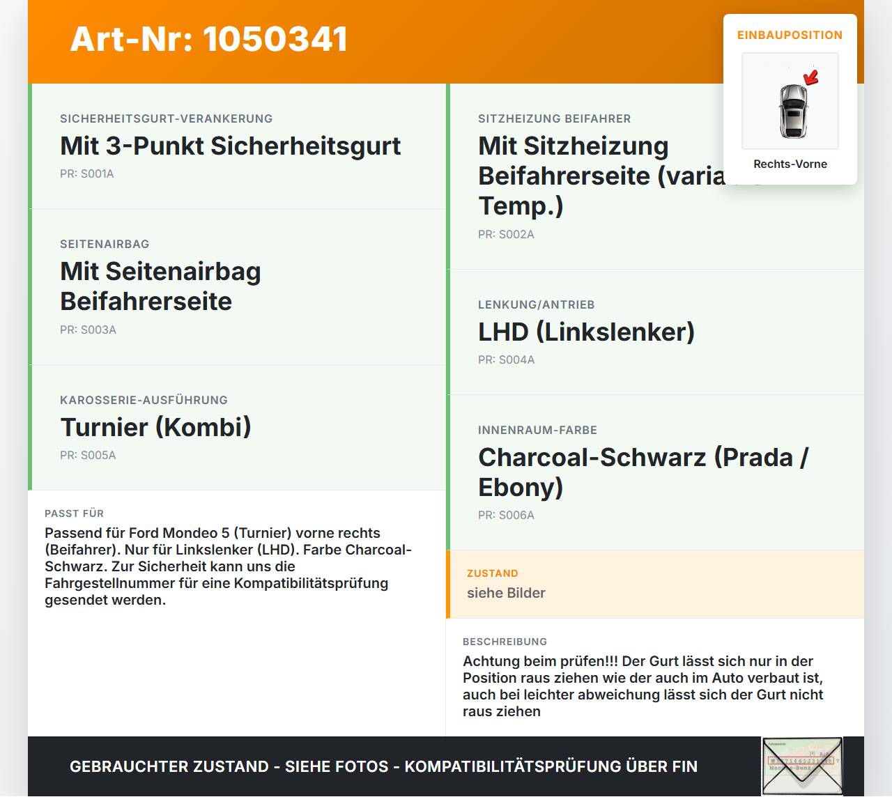 Ford Mondeo 5 V CF 14-19 Kombi Gurt Sicherheitsgurt Gurtstraffer für Beifahrer Rechts Vorne Ford Mondeo 5 V CF... Vorschau 3