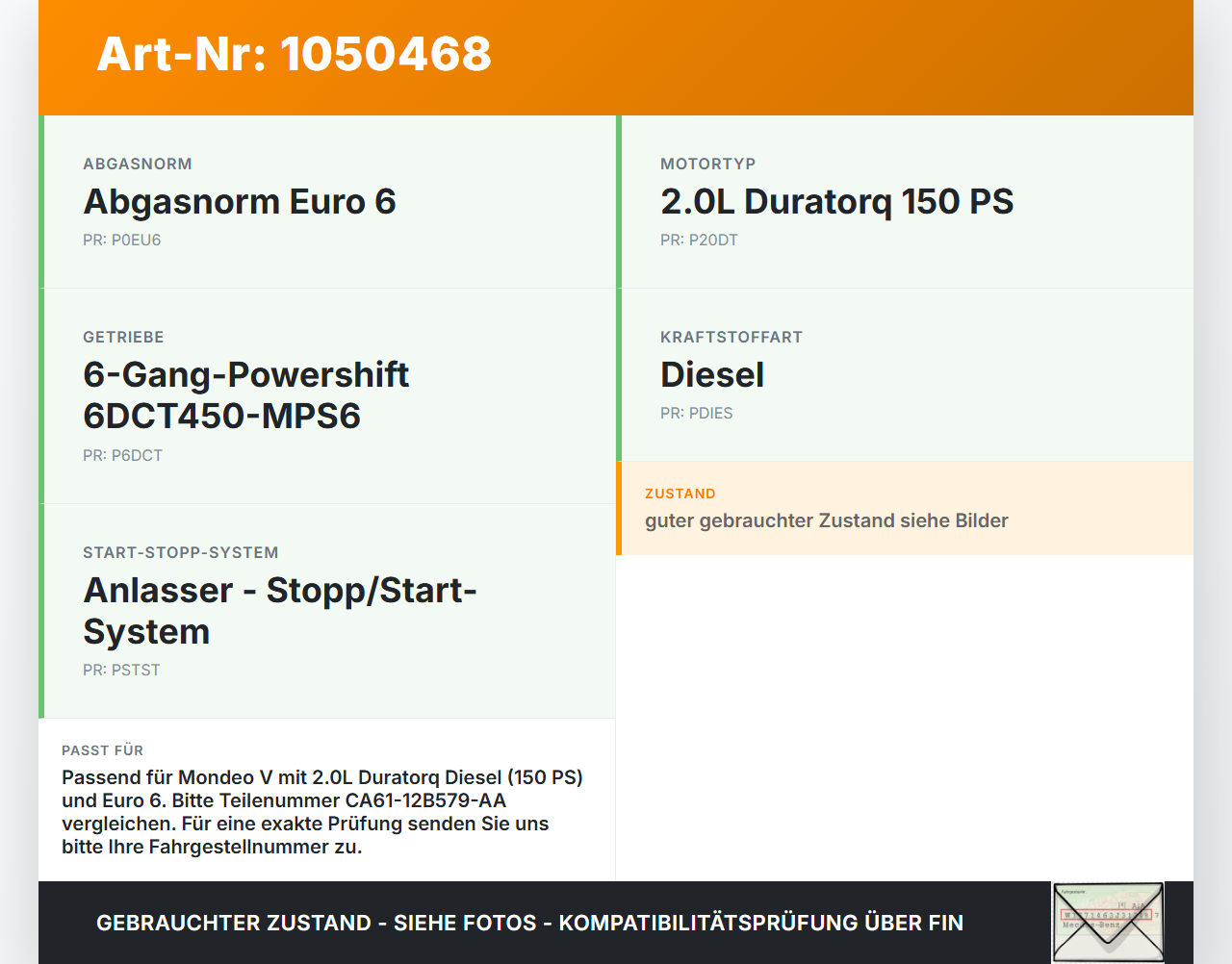 Ford Mondeo 5 V CF 14-19 2,0 110KW Luftmassenmesser Ford Mondeo 5 V CF 14-19 09.12.2015 CA61-12B579-AA 1002562 gebraucht Vorschau 3