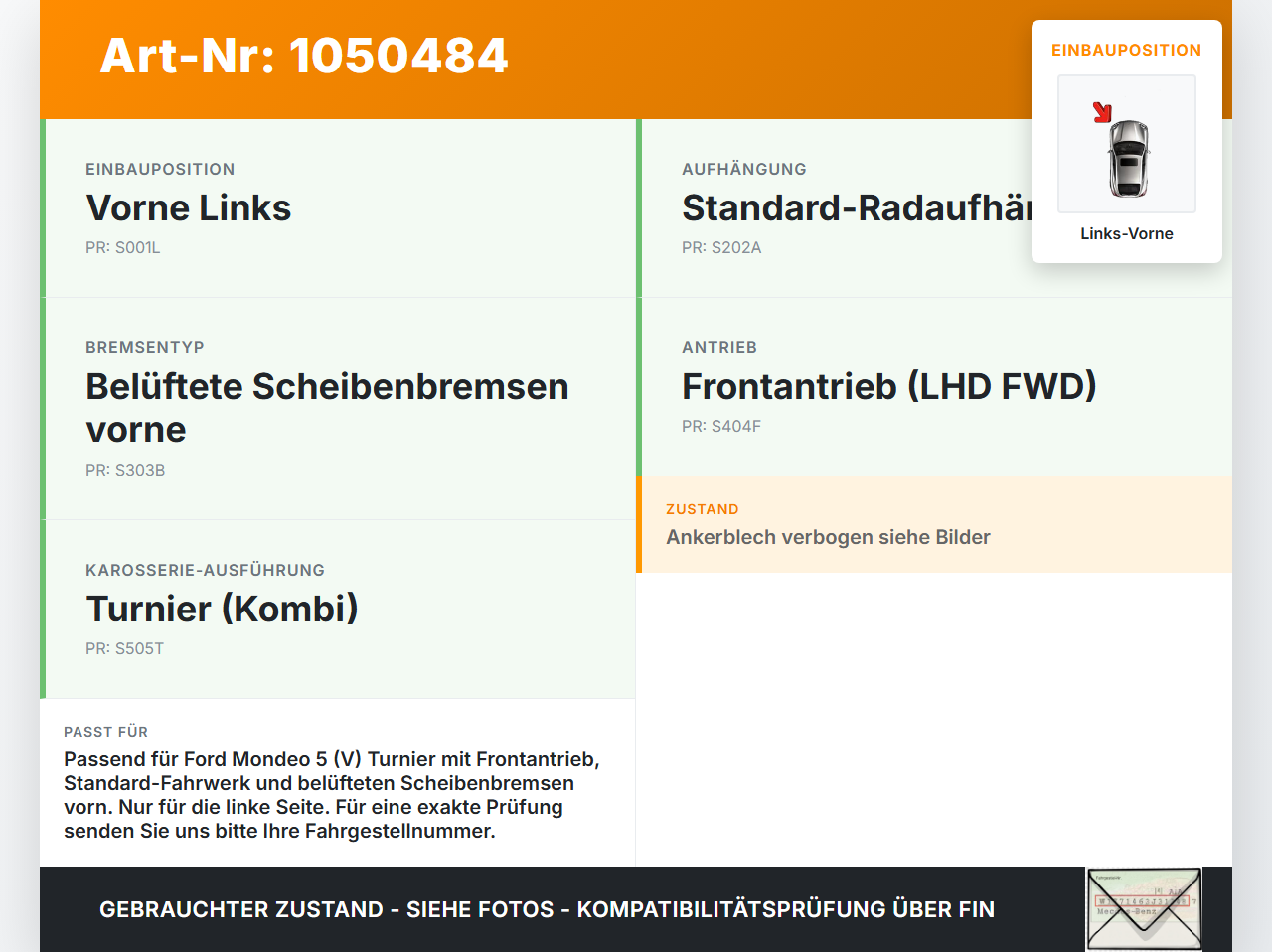 Ford Mondeo 5 V CF 14-19 2,0 110KW Achsschenkel mit Radnabe und Staubschutzblech Links Vorne Ford Mondeo 5 V CF... Vorschau 3