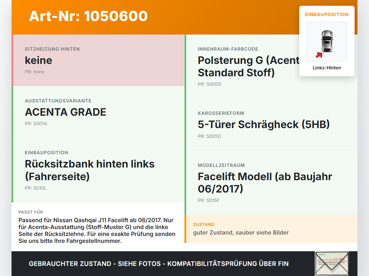 Nissan Qashqai II J11 17-21 Sitzbezug Rückenpolster Links für Rücksitzbank Hinten Nissan Qashqai II J11 17-21... Vorschau 3