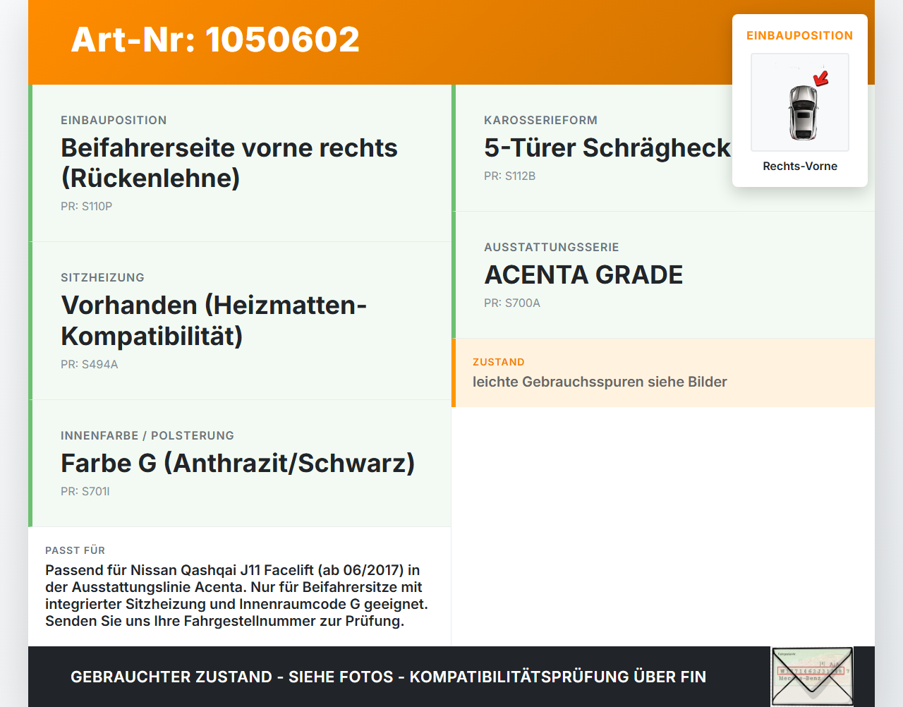 Nissan Qashqai II J11 17-21 Sitzbezug Rückenpolster Rechts Vorne für Beifahrer Sitz Nissan Qashqai II J11 17-21... Vorschau 3