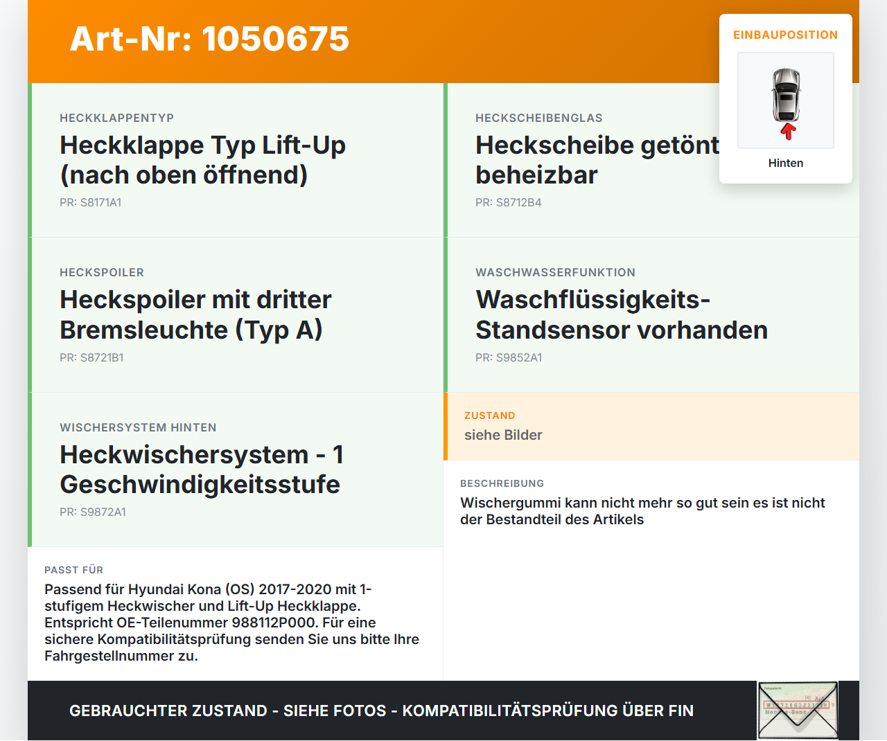 Hyundai Kona OS 17-20 Heckwischer Scheibenwischer Hinten Wischarm Hyundai Kona OS 17-20 03.08.2018 988112P000 gebraucht Vorschau 3