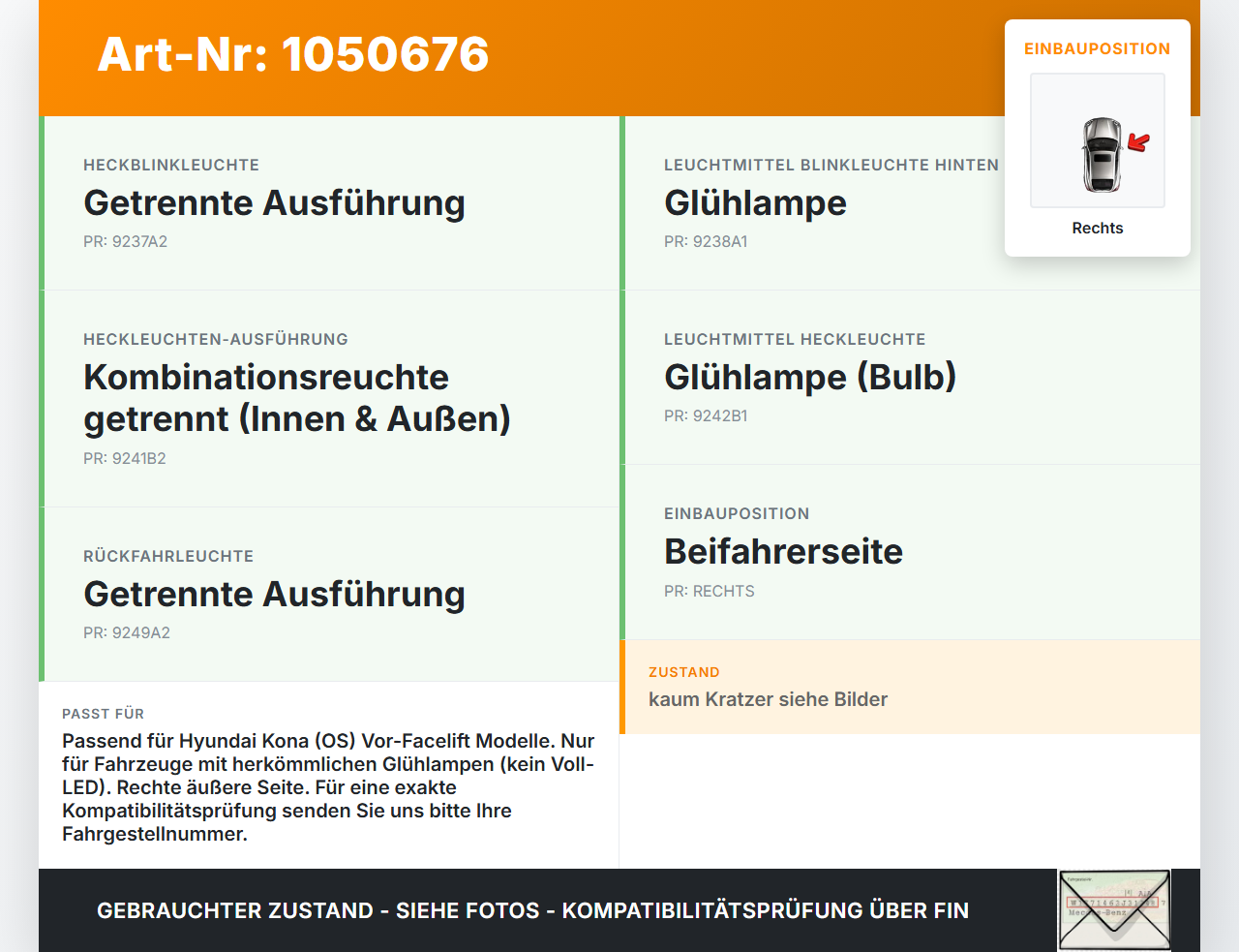 Hyundai Kona OS 17-20 Rückleuchte Rücklicht Heckleuchte Rechts orig Hyundai Kona OS 17-20 03.08.2018 92402J9000... Vorschau 3