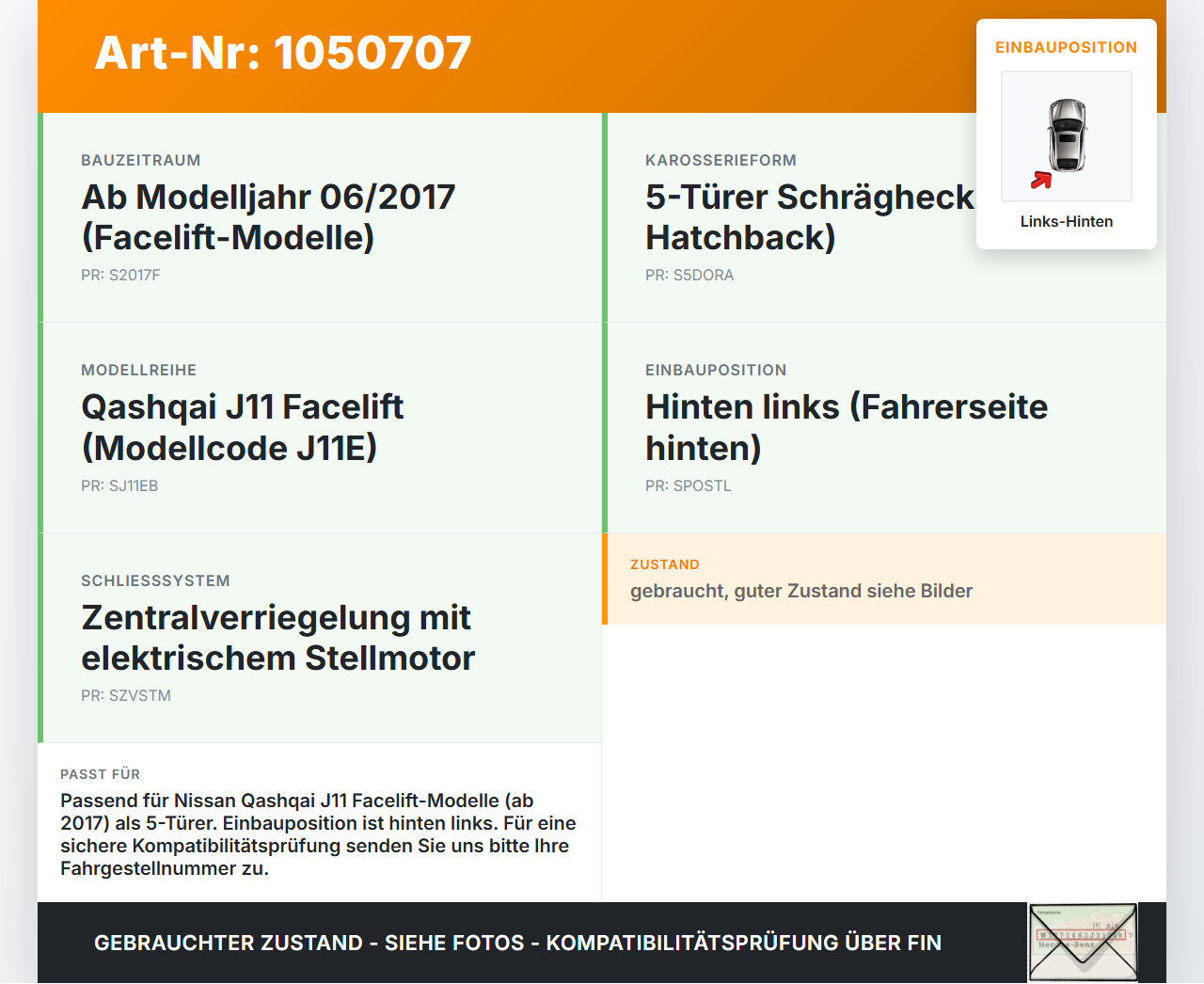 Nissan Qashqai II J11 17-21 Türschloss m. ZV Stellmotor Links Hinten Nissan Qashqai II J11 17-21 01.06.2017... Vorschau 3