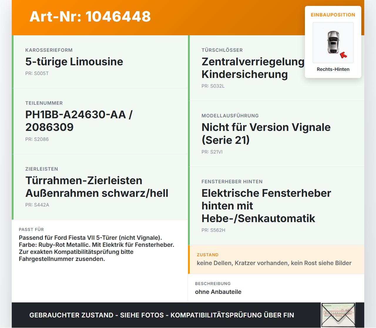 Ford Fiesta VII 17-21 5T Tür Rechts Hinten MH Ford Fiesta VII 17-21 12.07.2017 PH1BB-A24630-AA 2086309 gebraucht Vorschau 3