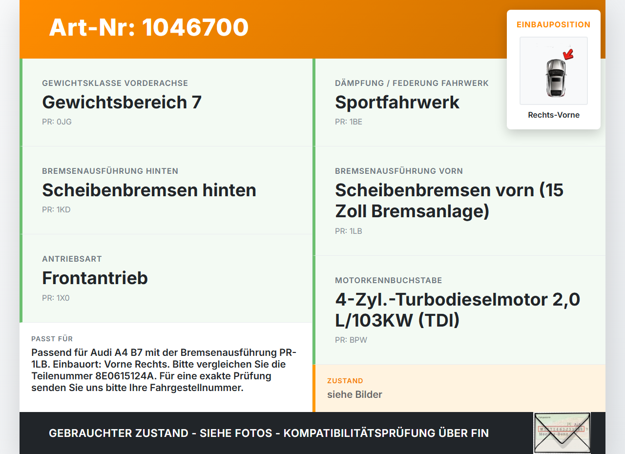 Audi A4 8E B7 04-08 TDI 2,0 103KW Bremssattel Bremszange Vorne Rechts Audi A4 8E B7 04-08 12.07.2006 8E0615124A... Vorschau 3