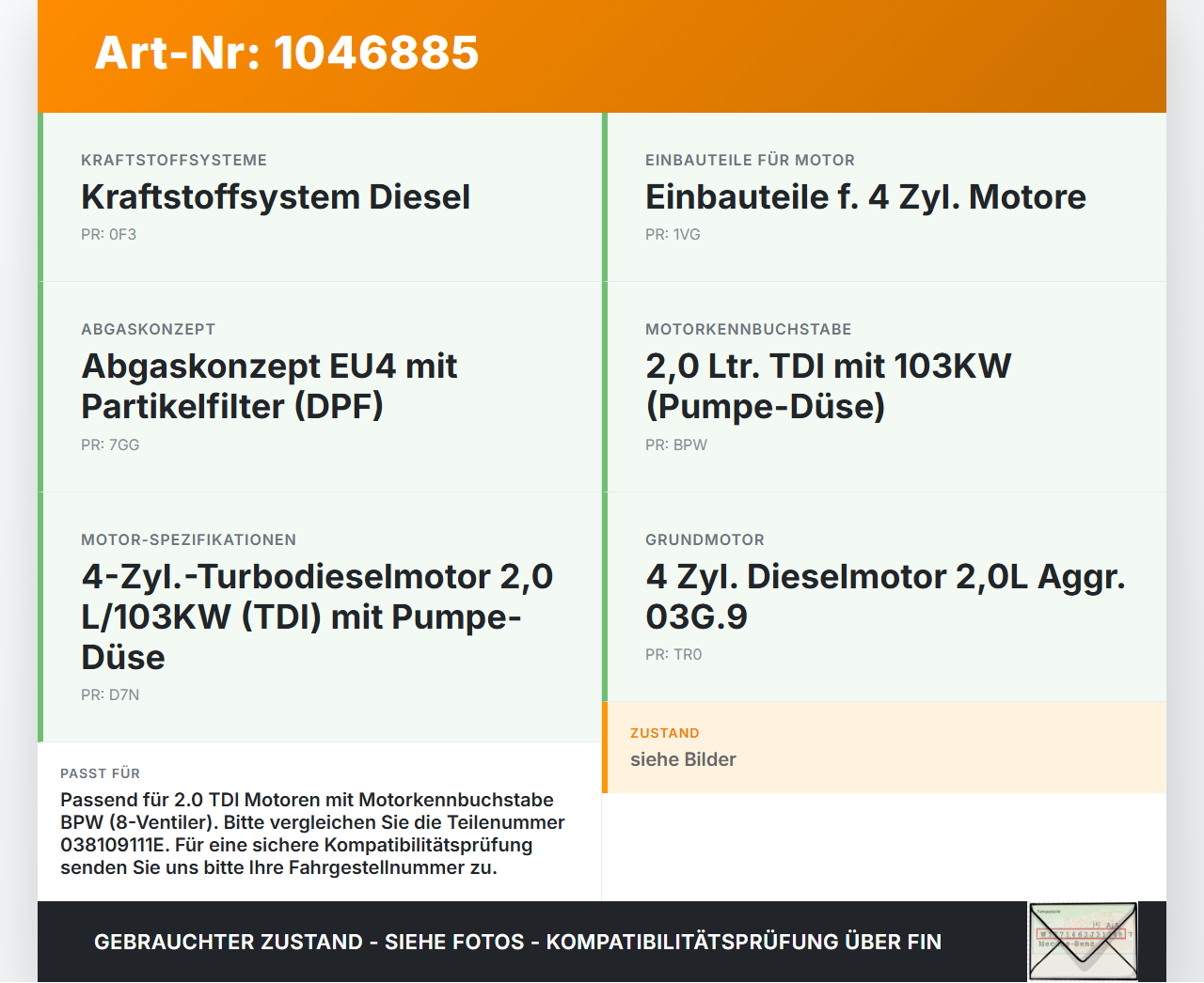 Audi A4 8E B7 04-08 TDI 2,0 103KW BPW Zahnrad Einlassnockenwelle Audi A4 8E B7 04-08 12.07.2006 038109111E gebraucht Vorschau 3
