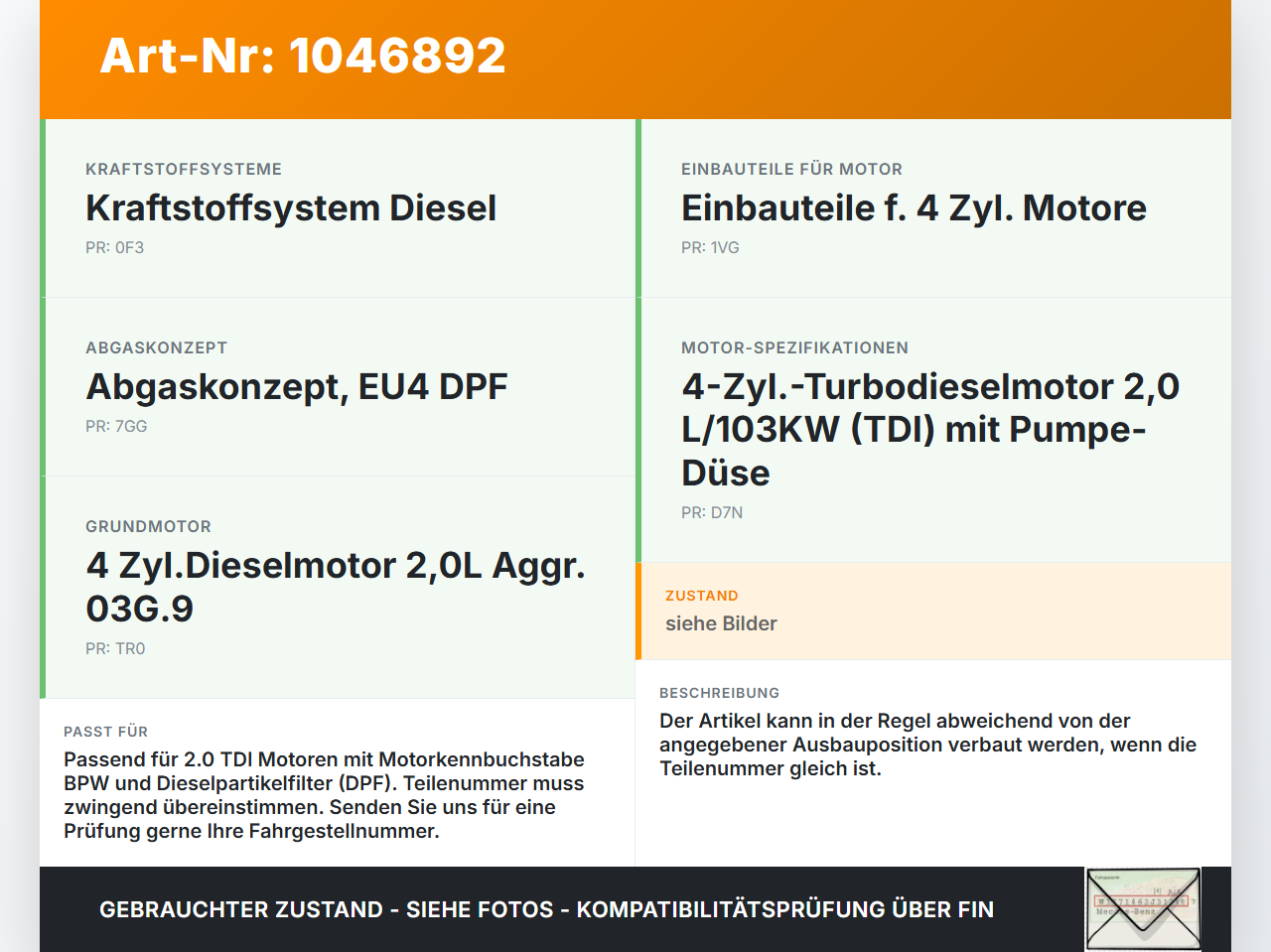 Audi A4 8E B7 04-08 TDI 2,0 103KW Injektor Einspritzdüse Pumpedüse Zyl.1 Audi A4 8E B7 04-08 12.07.2006 038130073BJ... Vorschau 3